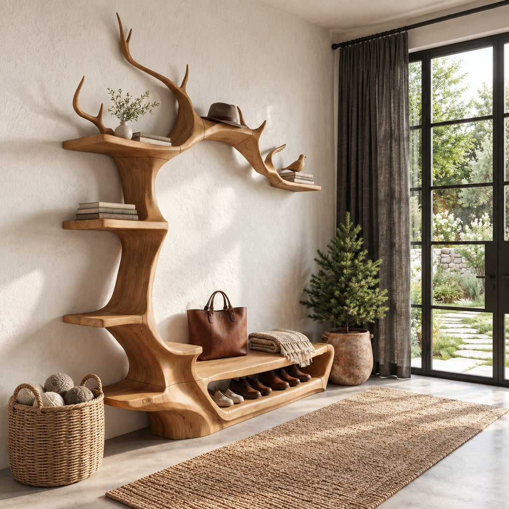 Antler Arch Hall Tree with Shoe Bench and Side Shelves, Sculpted Solid Wood Entryway Wall Organizer