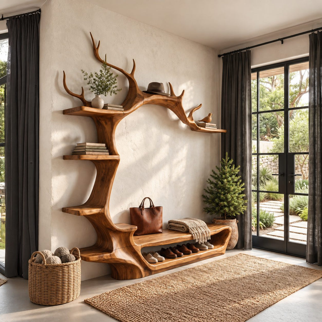 Antler Arch Hall Tree with Shoe Bench and Side Shelves, Sculpted Solid Wood Entryway Wall Organizer