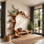 Antler Arch Hall Tree with Shoe Bench and Side Shelves, Sculpted Solid Wood Entryway Wall Organizer