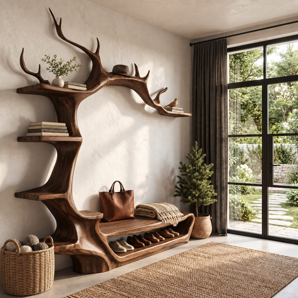 Antler Arch Hall Tree with Shoe Bench and Side Shelves, Sculpted Solid Wood Entryway Wall Organizer