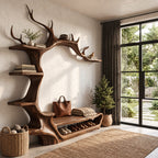 Antler Arch Hall Tree with Shoe Bench and Side Shelves, Sculpted Solid Wood Entryway Wall Organizer