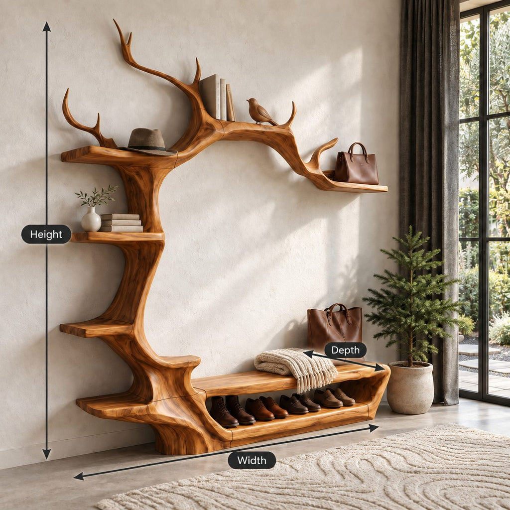 Antler Arch Hall Tree with Shoe Bench and Side Shelves, Sculpted Solid Wood Entryway Wall Organizer