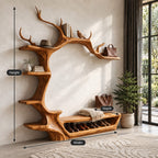 Antler Arch Hall Tree with Shoe Bench and Side Shelves, Sculpted Solid Wood Entryway Wall Organizer