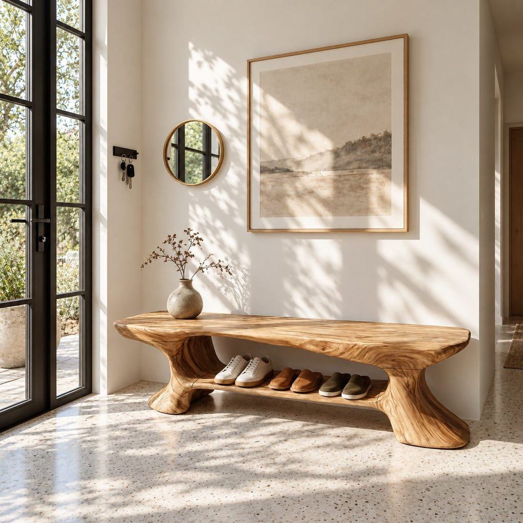Flared Leg Sculpted Shoe Bench, Organic Solid Wood Entryway Bench with Lower Shoe Shelf