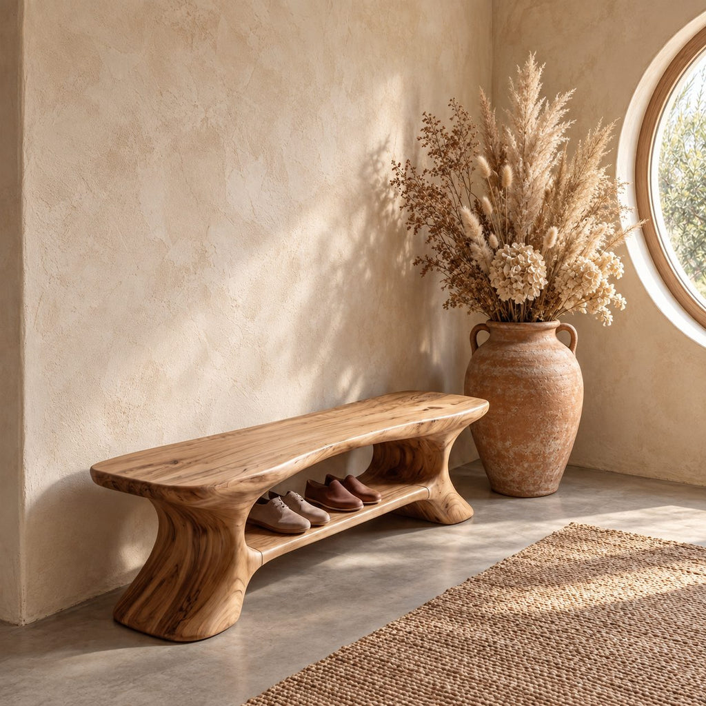 Flared Leg Sculpted Shoe Bench, Organic Solid Wood Entryway Bench with Lower Shoe Shelf