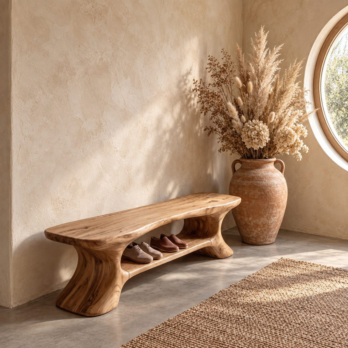 Flared Leg Sculpted Shoe Bench, Organic Solid Wood Entryway Bench with Lower Shoe Shelf
