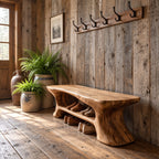 Flared Leg Sculpted Shoe Bench, Organic Solid Wood Entryway Bench with Lower Shoe Shelf