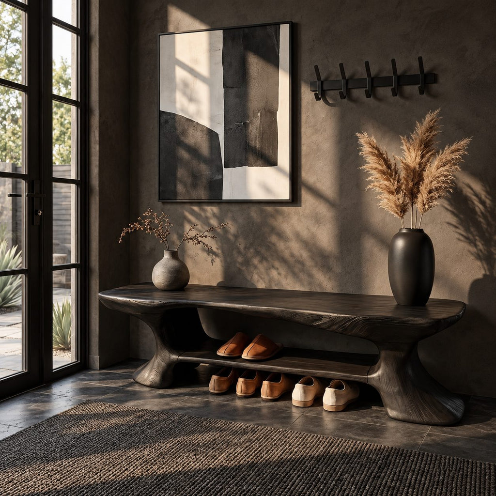 Flared Leg Sculpted Shoe Bench, Organic Solid Wood Entryway Bench with Lower Shoe Shelf