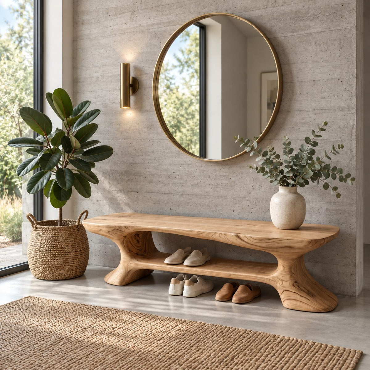 Flared Leg Sculpted Shoe Bench, Organic Solid Wood Entryway Bench with Lower Shoe Shelf