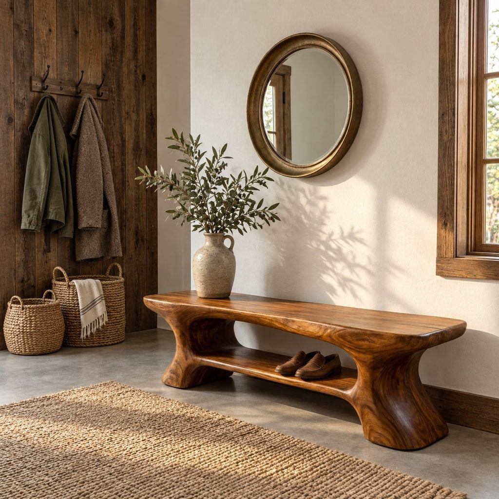 Flared Leg Sculpted Shoe Bench, Organic Solid Wood Entryway Bench with Lower Shoe Shelf