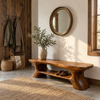 Flared Leg Sculpted Shoe Bench, Organic Solid Wood Entryway Bench with Lower Shoe Shelf