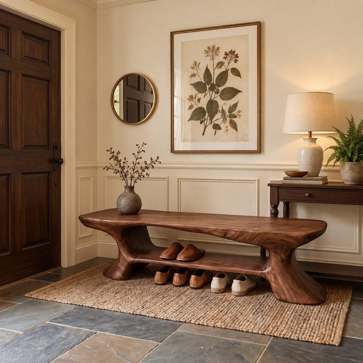 Flared Leg Sculpted Shoe Bench, Organic Solid Wood Entryway Bench with Lower Shoe Shelf