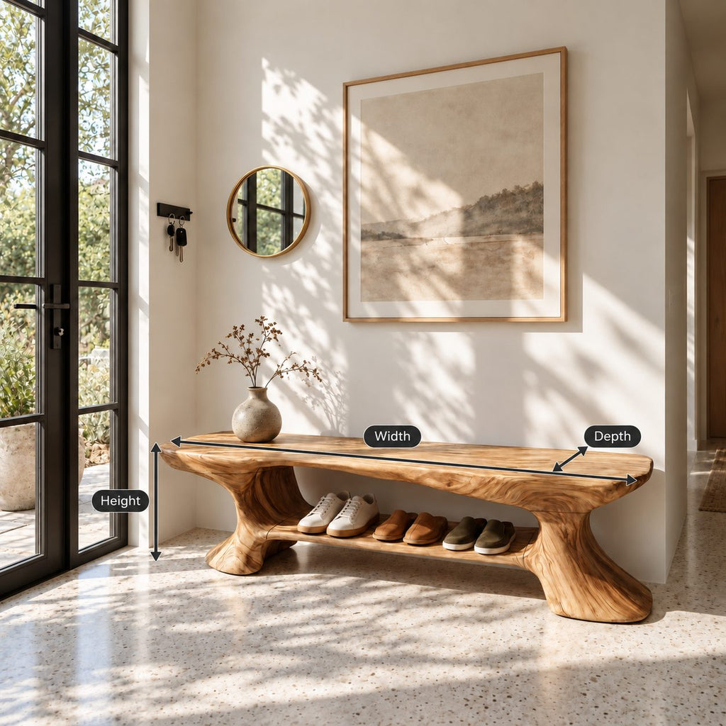 Flared Leg Sculpted Shoe Bench, Organic Solid Wood Entryway Bench with Lower Shoe Shelf