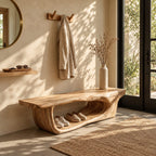 Hollowed Log Tunnel Bench, Live Edge Solid Wood Entryway Shoe Bench with Carved Open Base
