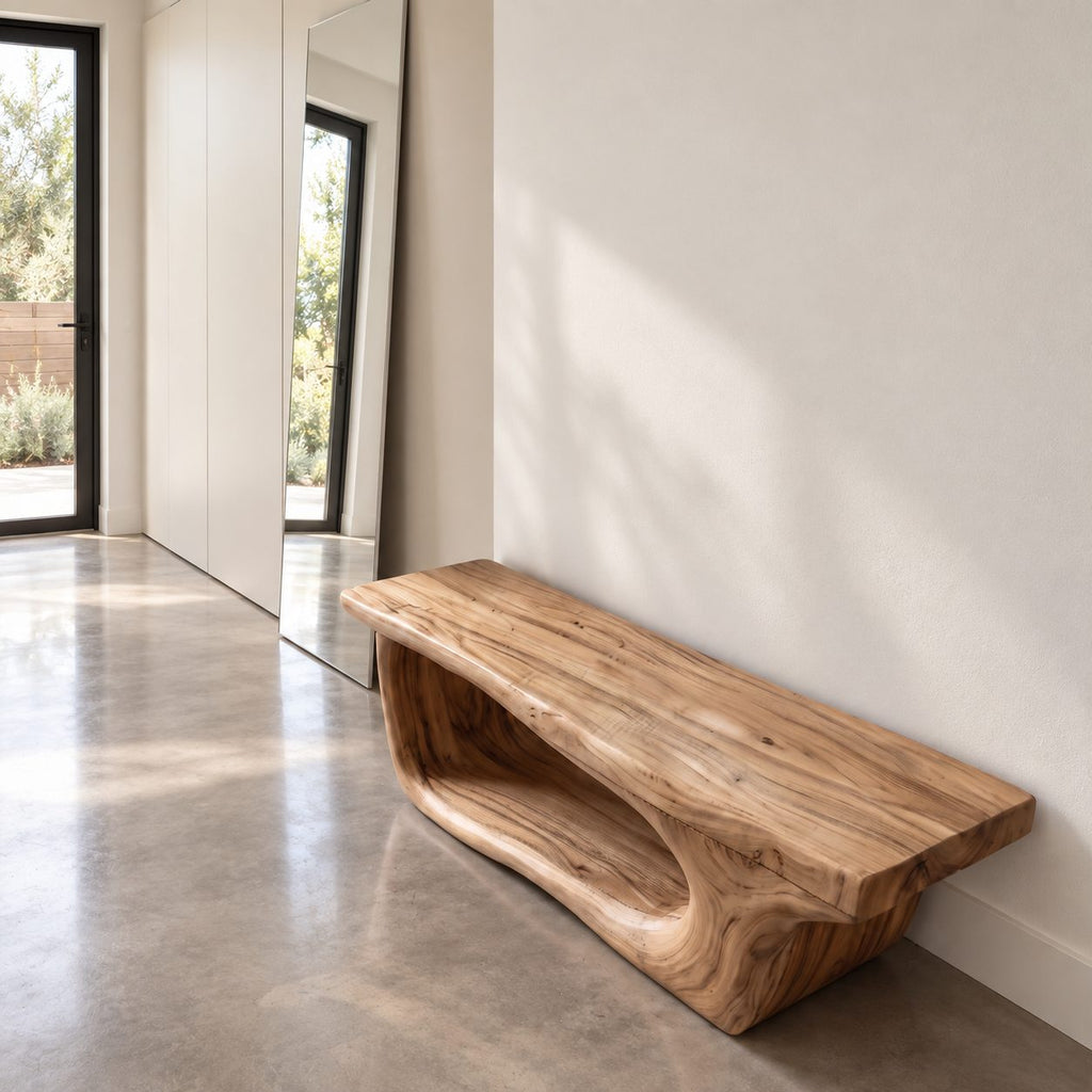 Hollowed Log Tunnel Bench, Live Edge Solid Wood Entryway Shoe Bench with Carved Open Base