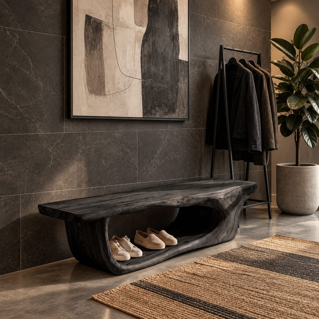 Hollowed Log Tunnel Bench, Live Edge Solid Wood Entryway Shoe Bench with Carved Open Base