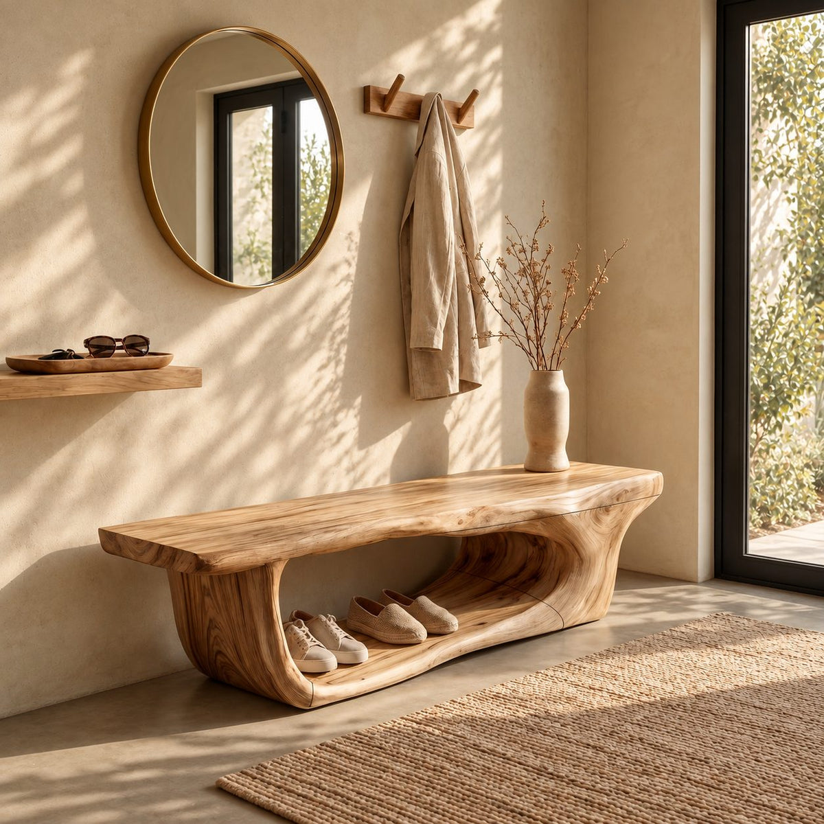 Hollowed Log Tunnel Bench, Live Edge Solid Wood Entryway Shoe Bench with Carved Open Base