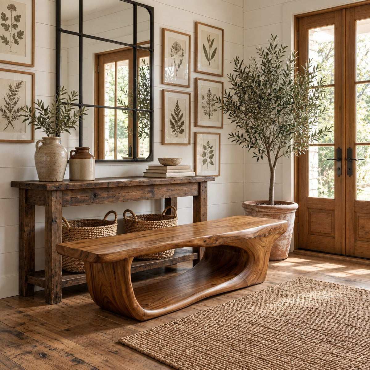 Hollowed Log Tunnel Bench, Live Edge Solid Wood Entryway Shoe Bench with Carved Open Base