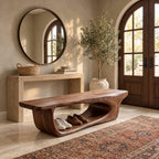 Hollowed Log Tunnel Bench, Live Edge Solid Wood Entryway Shoe Bench with Carved Open Base