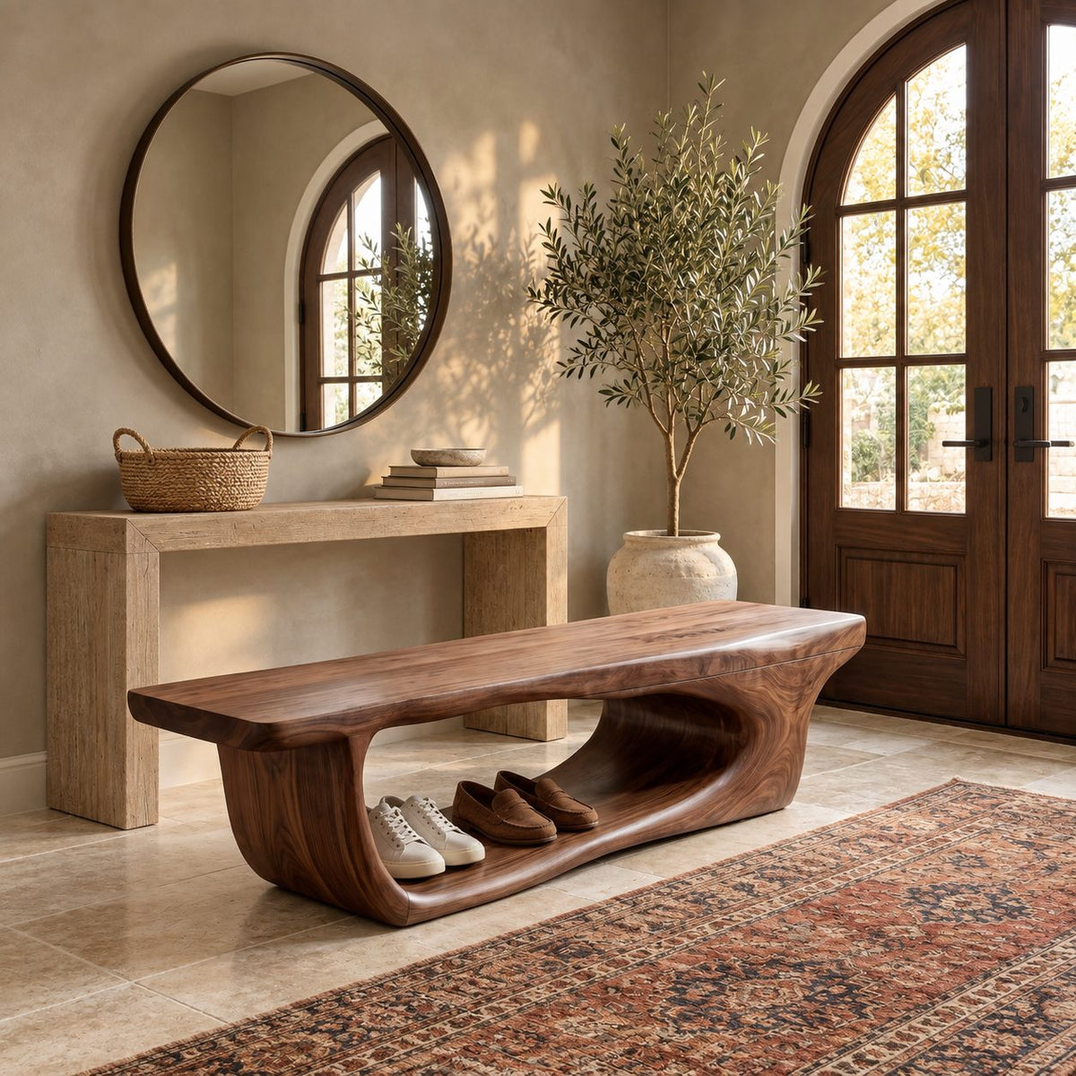 Hollowed Log Tunnel Bench, Live Edge Solid Wood Entryway Shoe Bench with Carved Open Base