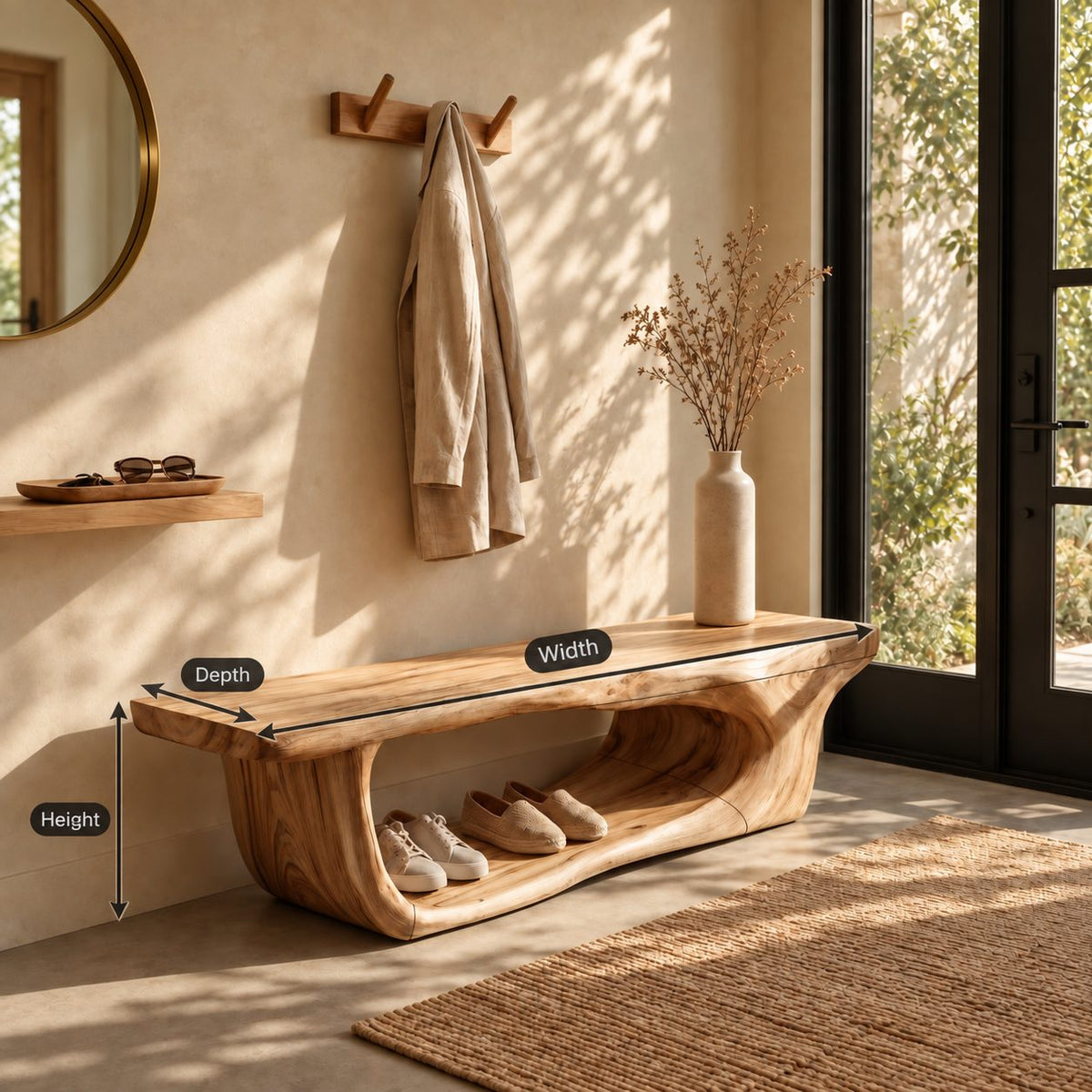 Hollowed Log Tunnel Bench, Live Edge Solid Wood Entryway Shoe Bench with Carved Open Base