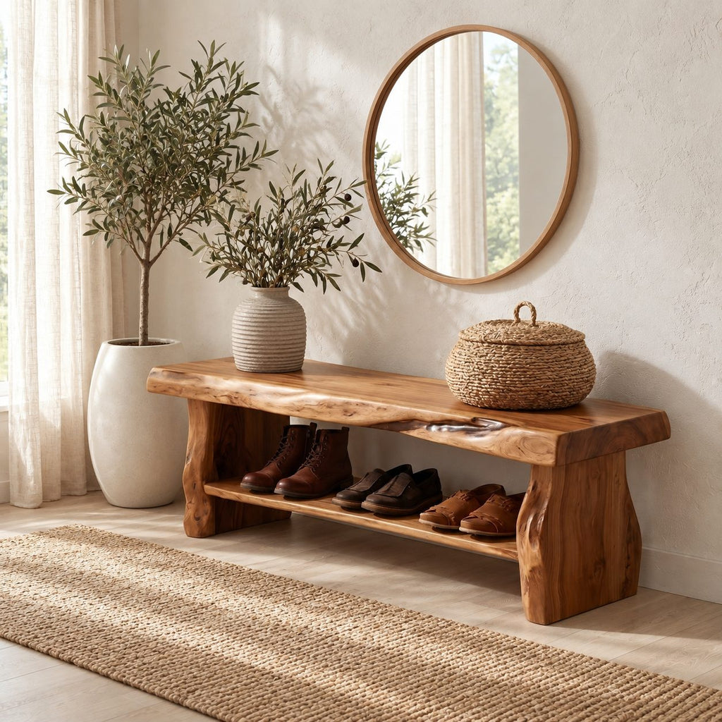 Chunky Live Edge Shoe Bench, Rustic Solid Wood Entryway Bench with Slab Legs and One Open Shoe Shelf