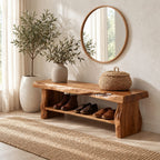 Chunky Live Edge Shoe Bench, Rustic Solid Wood Entryway Bench with Slab Legs and One Open Shoe Shelf