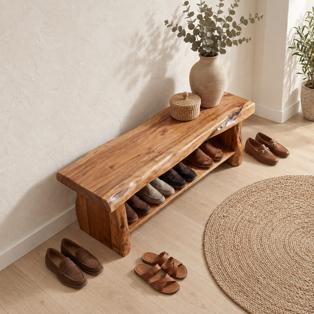 Chunky Live Edge Shoe Bench, Rustic Solid Wood Entryway Bench with Slab Legs and One Open Shoe Shelf