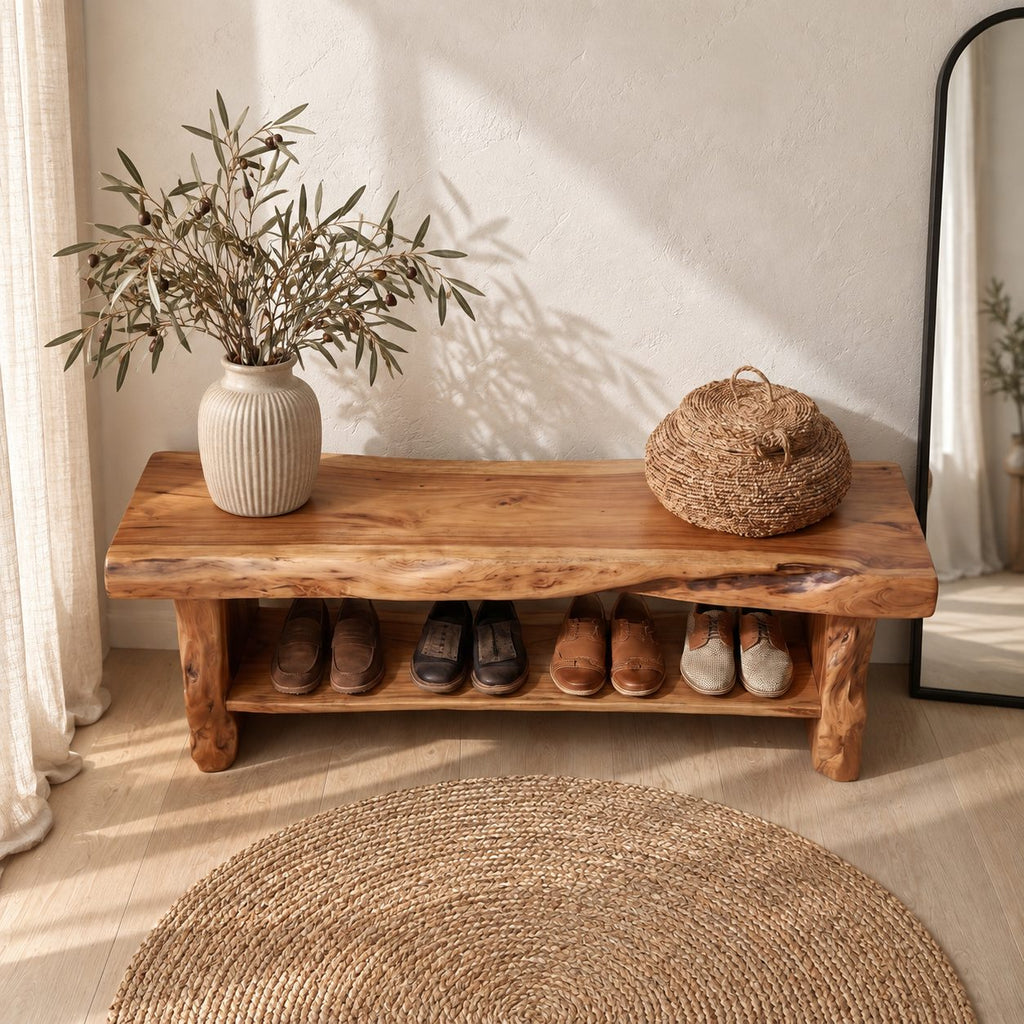 Chunky Live Edge Shoe Bench, Rustic Solid Wood Entryway Bench with Slab Legs and One Open Shoe Shelf