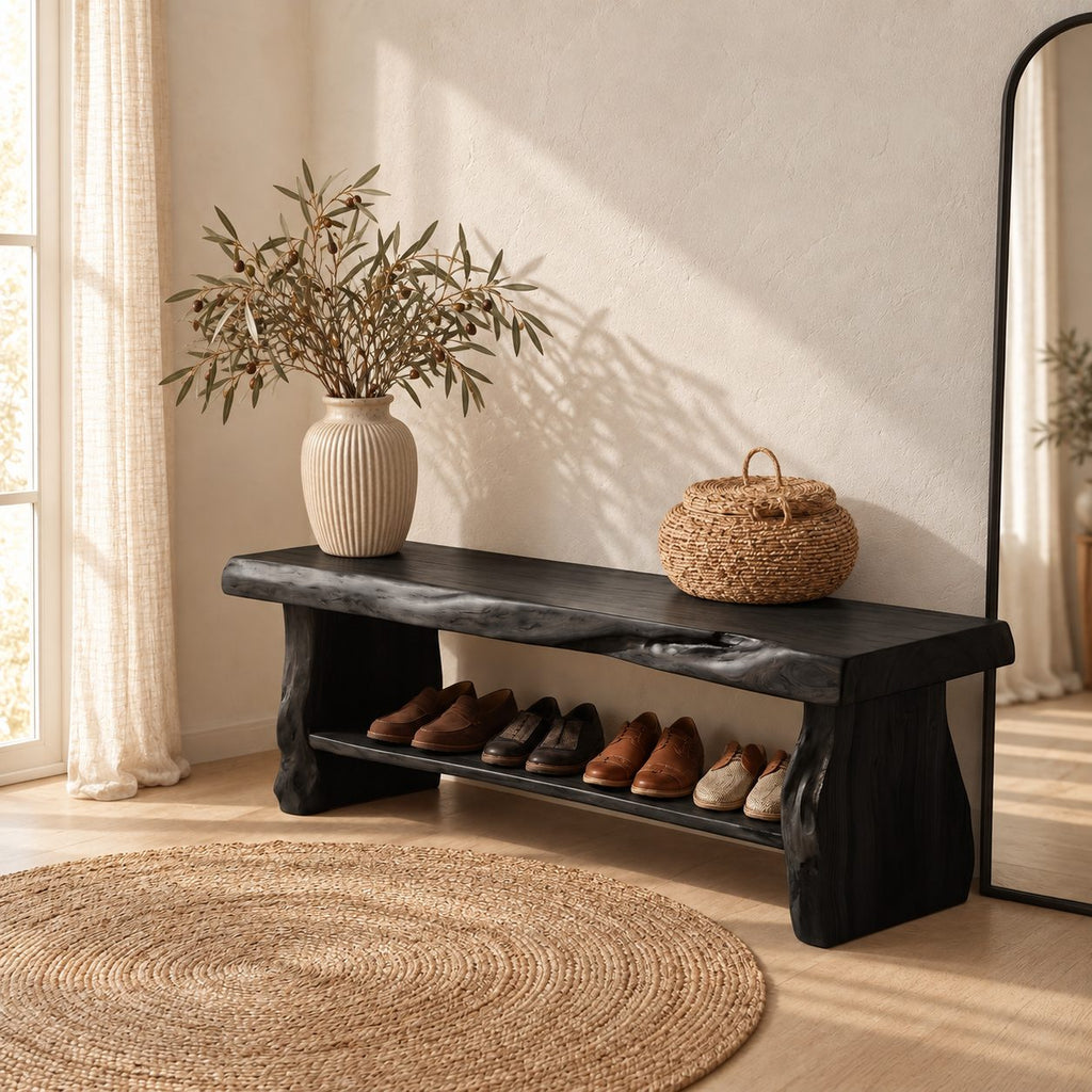 Chunky Live Edge Shoe Bench, Rustic Solid Wood Entryway Bench with Slab Legs and One Open Shoe Shelf