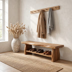 Chunky Live Edge Shoe Bench, Rustic Solid Wood Entryway Bench with Slab Legs and One Open Shoe Shelf