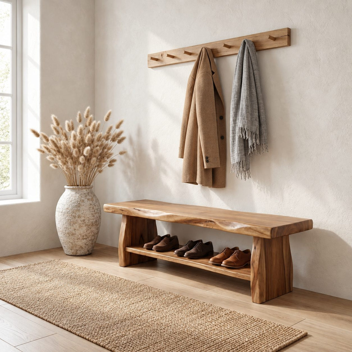 Chunky Live Edge Shoe Bench, Rustic Solid Wood Entryway Bench with Slab Legs and One Open Shoe Shelf
