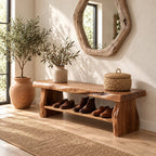 Chunky Live Edge Shoe Bench, Rustic Solid Wood Entryway Bench with Slab Legs and One Open Shoe Shelf