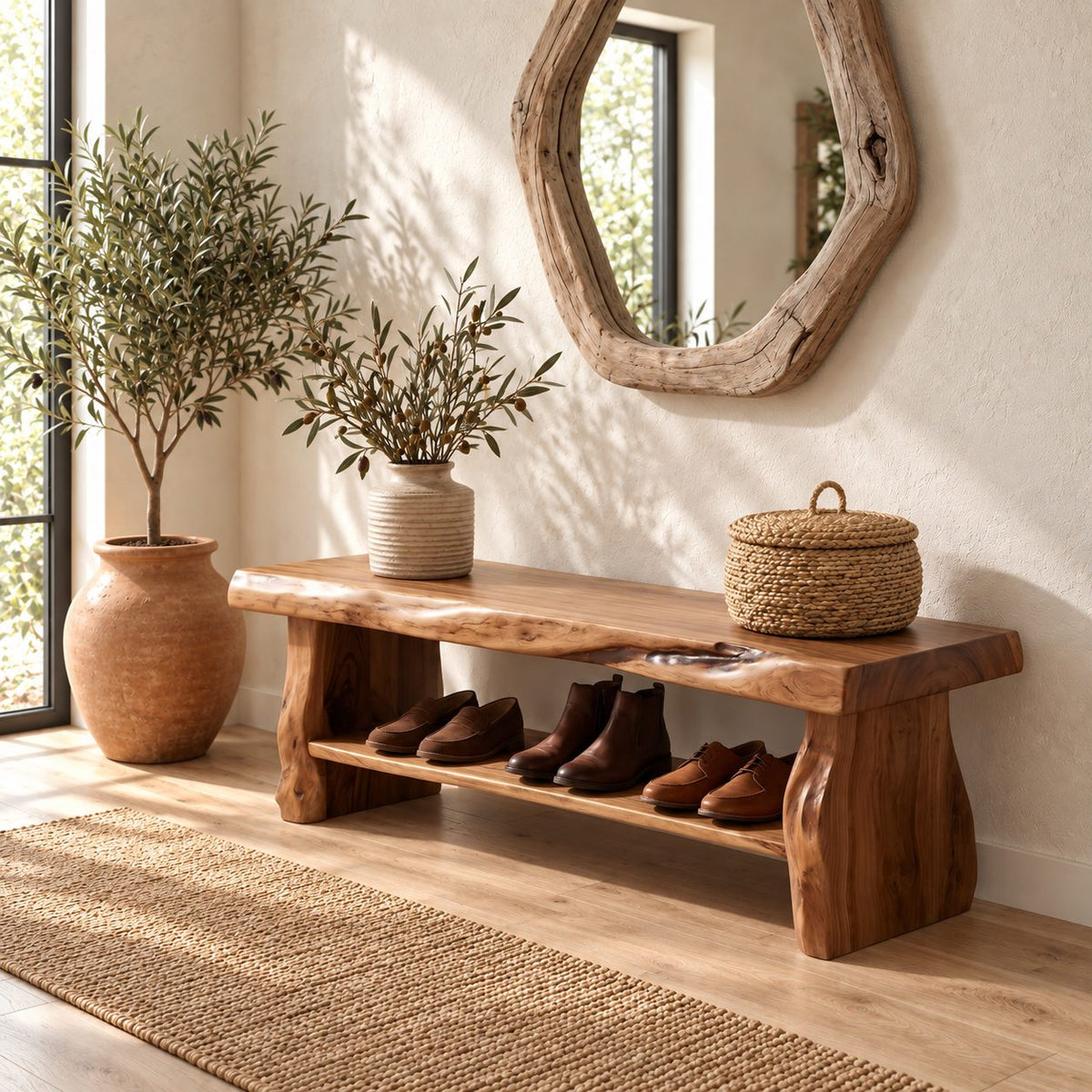Chunky Live Edge Shoe Bench, Rustic Solid Wood Entryway Bench with Slab Legs and One Open Shoe Shelf
