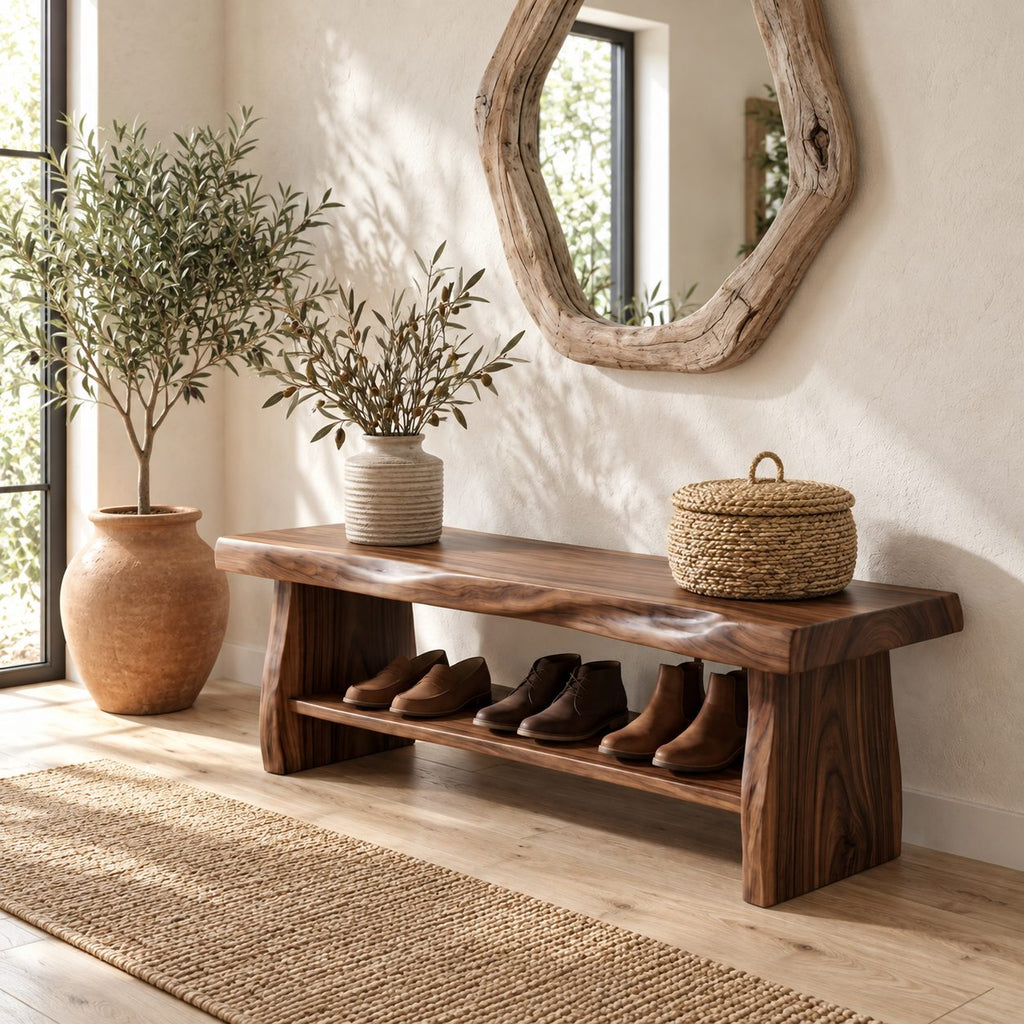 Chunky Live Edge Shoe Bench, Rustic Solid Wood Entryway Bench with Slab Legs and One Open Shoe Shelf