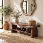 Chunky Live Edge Shoe Bench, Rustic Solid Wood Entryway Bench with Slab Legs and One Open Shoe Shelf