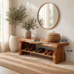 Chunky Live Edge Shoe Bench, Rustic Solid Wood Entryway Bench with Slab Legs and One Open Shoe Shelf