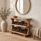 Curved Post Three Shelf Shoe Rack, Live Edge Solid Wood Entryway Shoe Organizer for Boots and Shoes