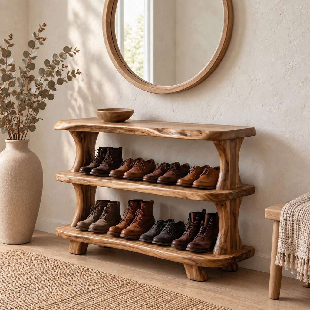 Curved Post Three Shelf Shoe Rack, Live Edge Solid Wood Entryway Shoe Organizer for Boots and Shoes