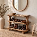 Curved Post Three Shelf Shoe Rack, Live Edge Solid Wood Entryway Shoe Organizer for Boots and Shoes