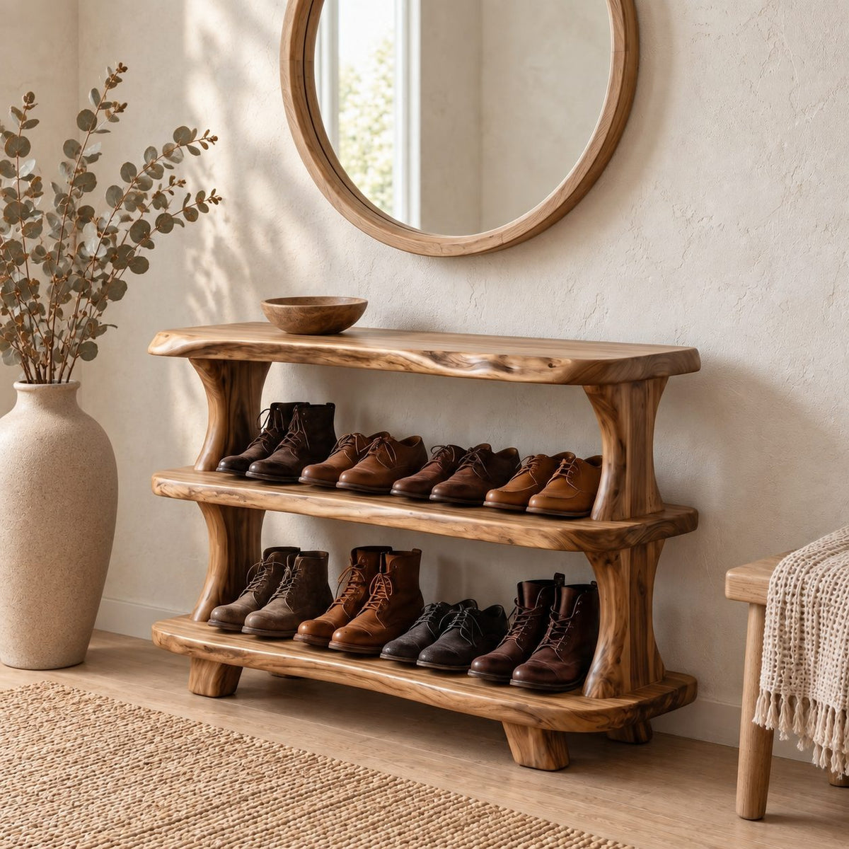 Curved Post Three Shelf Shoe Rack, Live Edge Solid Wood Entryway Shoe Organizer for Boots and Shoes