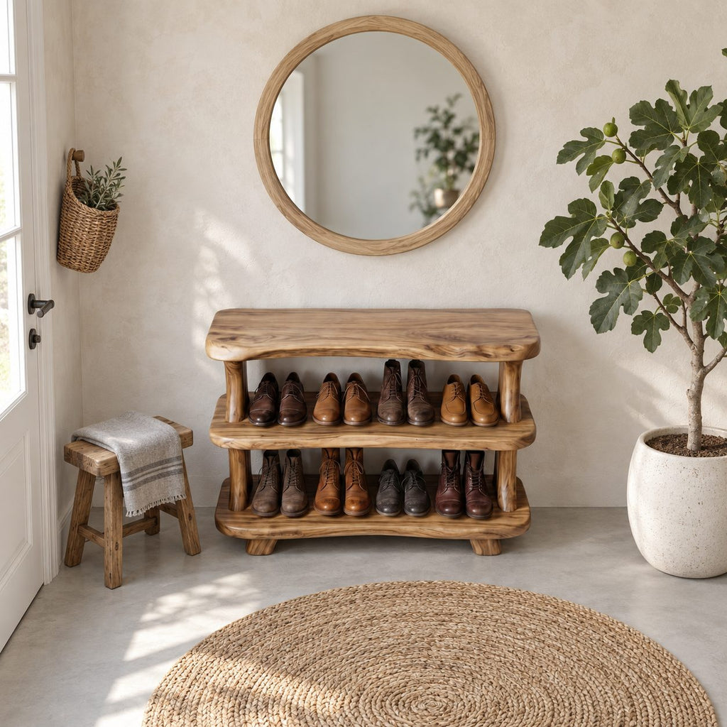 Curved Post Three Shelf Shoe Rack, Live Edge Solid Wood Entryway Shoe Organizer for Boots and Shoes