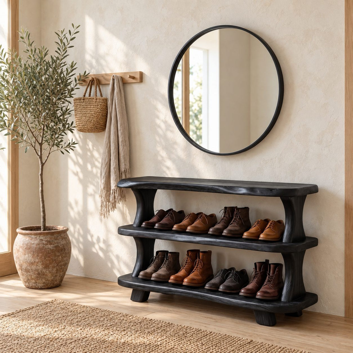 Curved Post Three Shelf Shoe Rack, Live Edge Solid Wood Entryway Shoe Organizer for Boots and Shoes