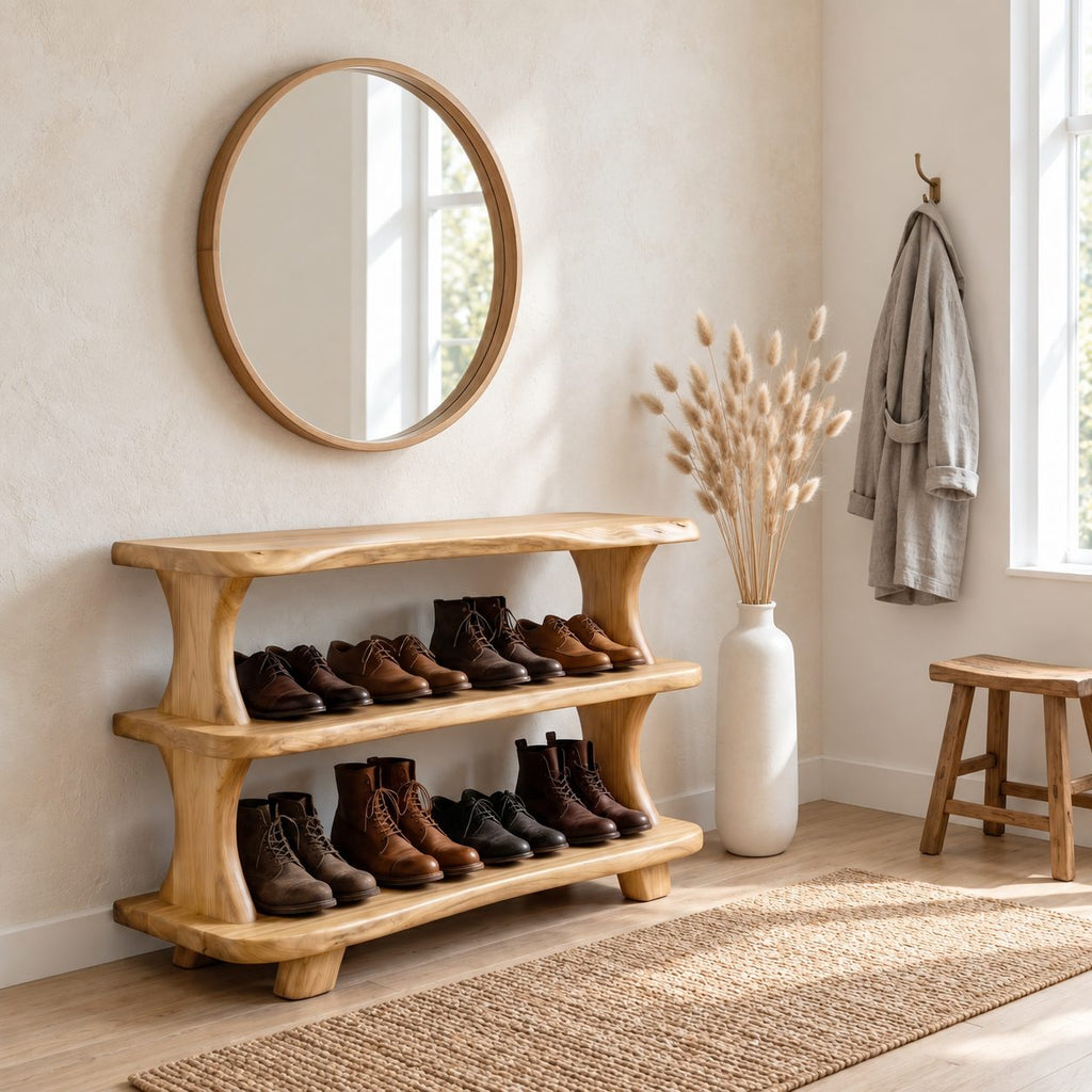 Curved Post Three Shelf Shoe Rack, Live Edge Solid Wood Entryway Shoe Organizer for Boots and Shoes