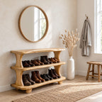 Curved Post Three Shelf Shoe Rack, Live Edge Solid Wood Entryway Shoe Organizer for Boots and Shoes