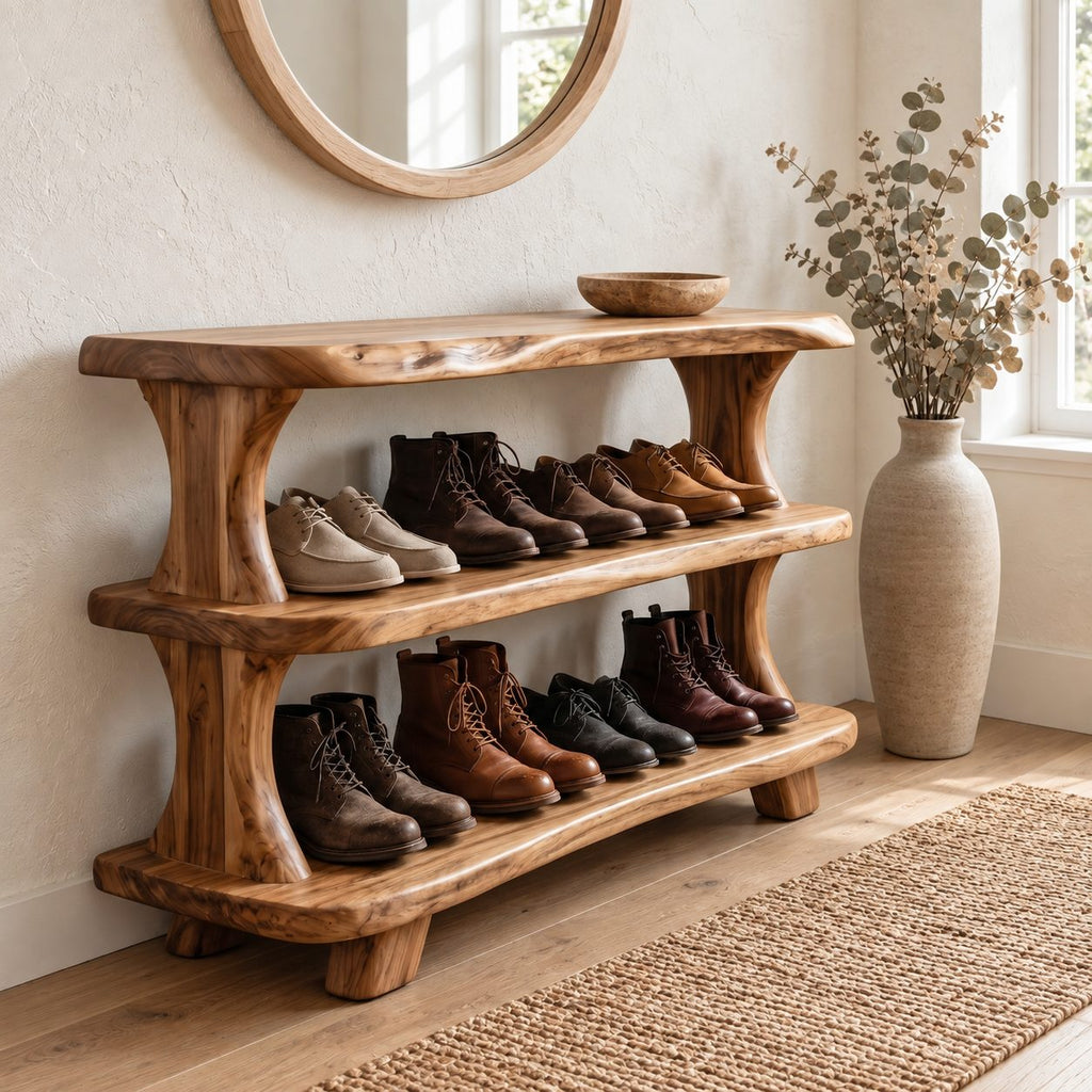 Curved Post Three Shelf Shoe Rack, Live Edge Solid Wood Entryway Shoe Organizer for Boots and Shoes