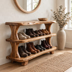 Curved Post Three Shelf Shoe Rack, Live Edge Solid Wood Entryway Shoe Organizer for Boots and Shoes