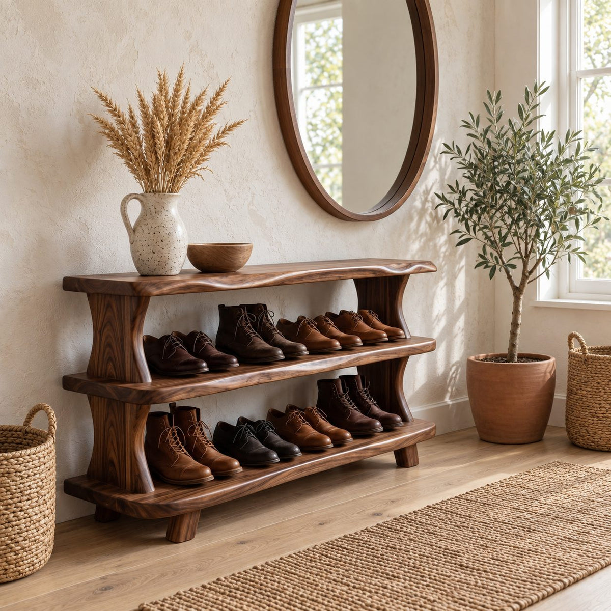 Curved Post Three Shelf Shoe Rack, Live Edge Solid Wood Entryway Shoe Organizer for Boots and Shoes