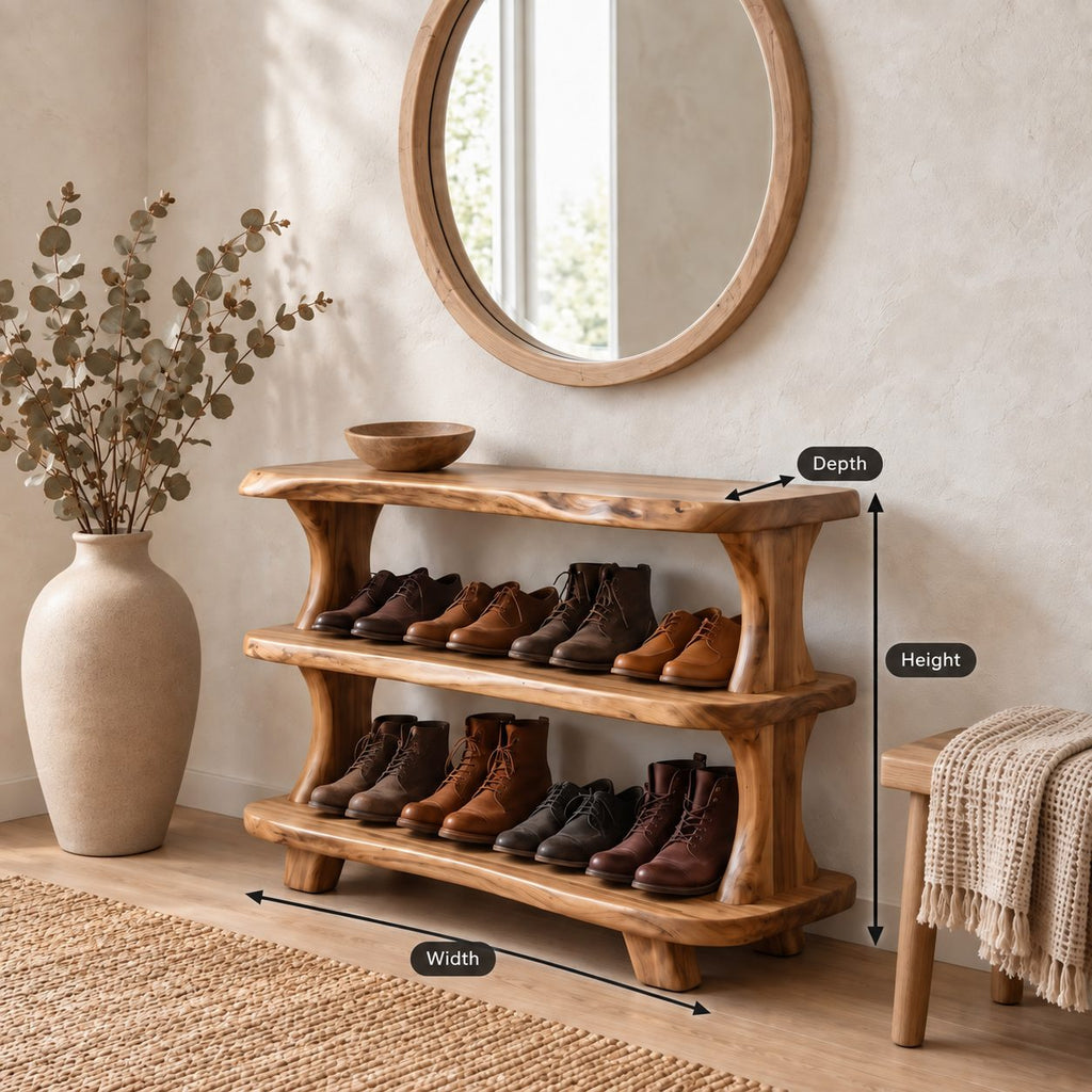 Curved Post Three Shelf Shoe Rack, Live Edge Solid Wood Entryway Shoe Organizer for Boots and Shoes