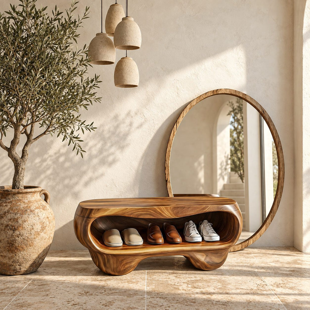Pebble Form Sculpted Shoe Bench, Organic Solid Wood Entryway Bench with Rounded Open Shoe Cavity